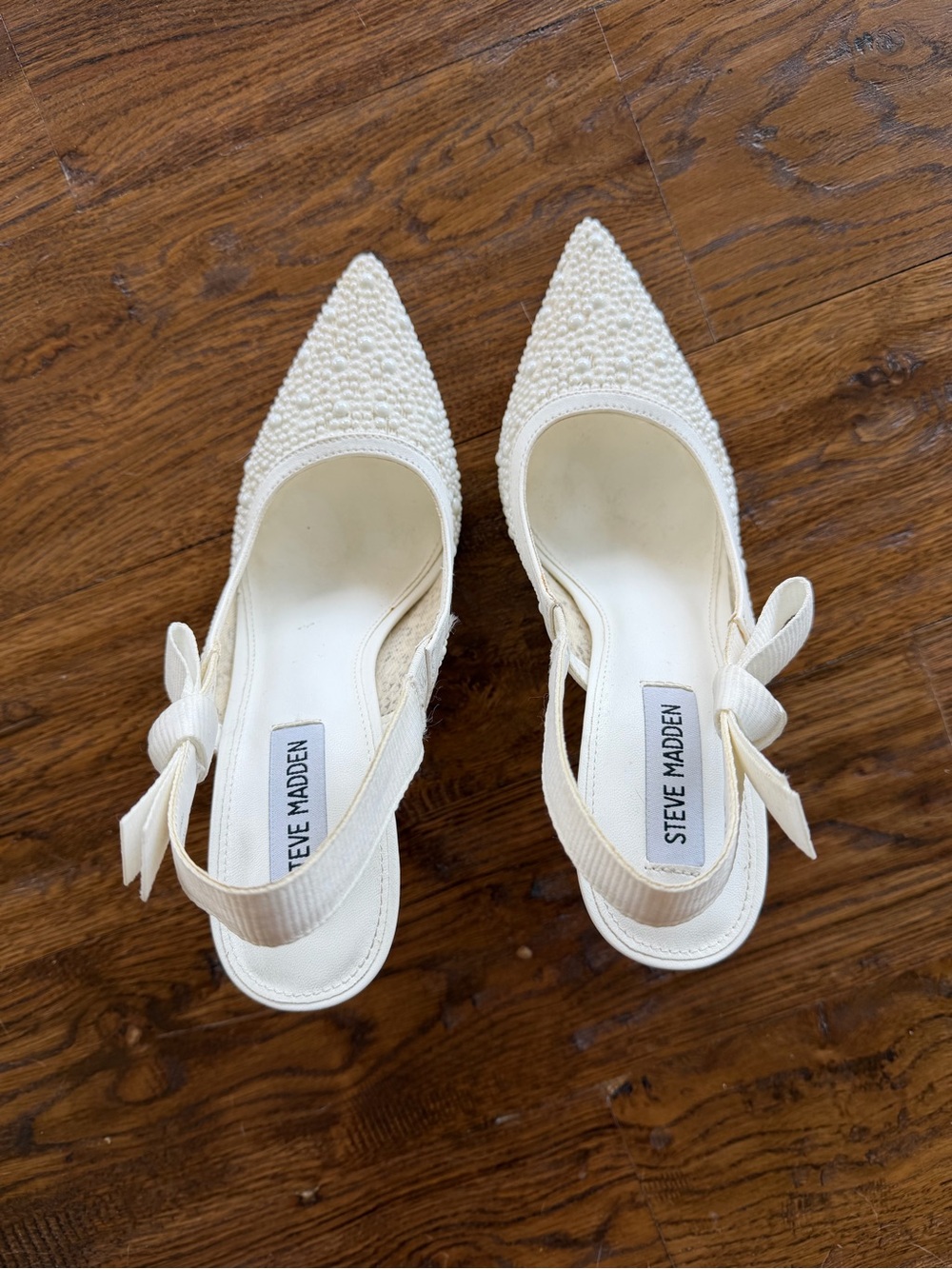 Steve Madden Ivory Pearl-Embellished Pointed Slingback Flats